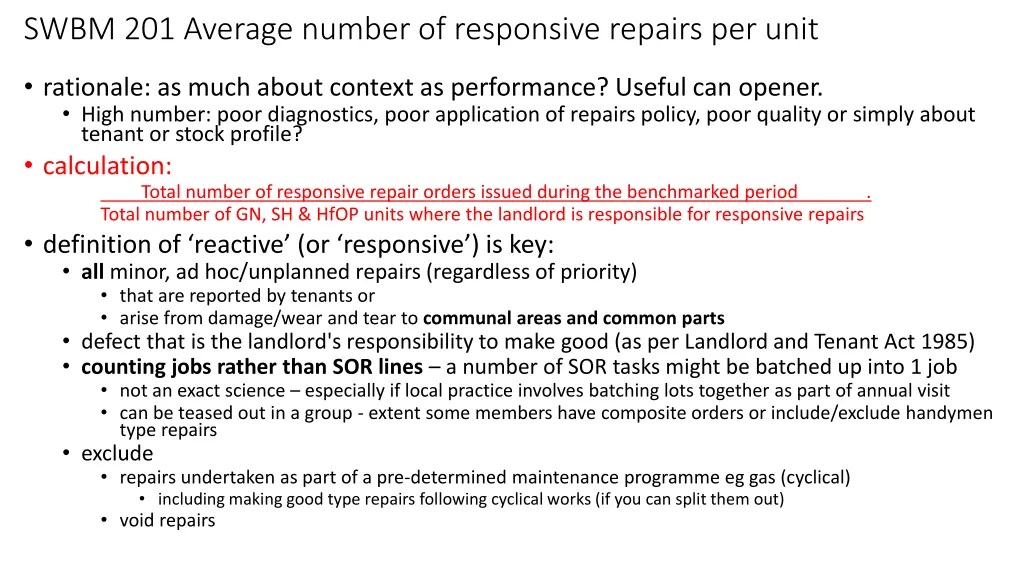 swbm 201 average number of responsive repairs