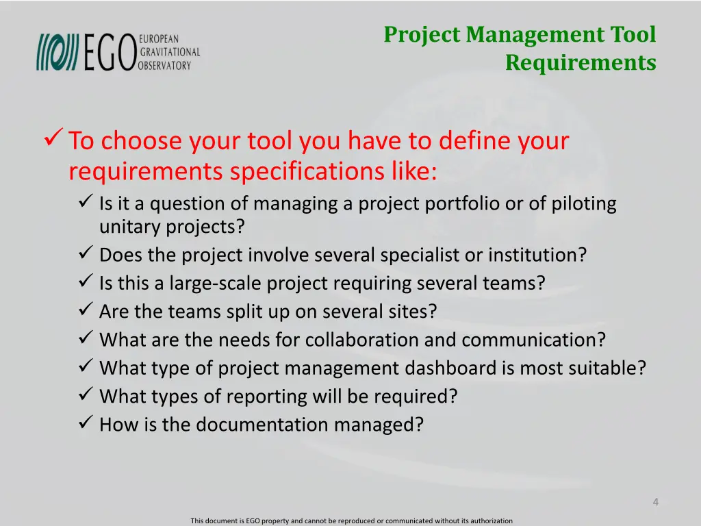 project management tool requirements