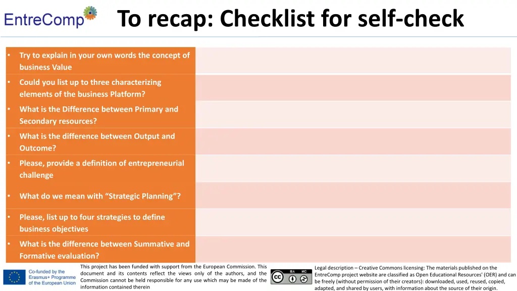 to recap checklist for self check