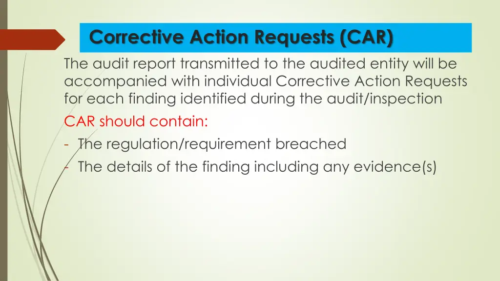 corrective action requests car the audit report