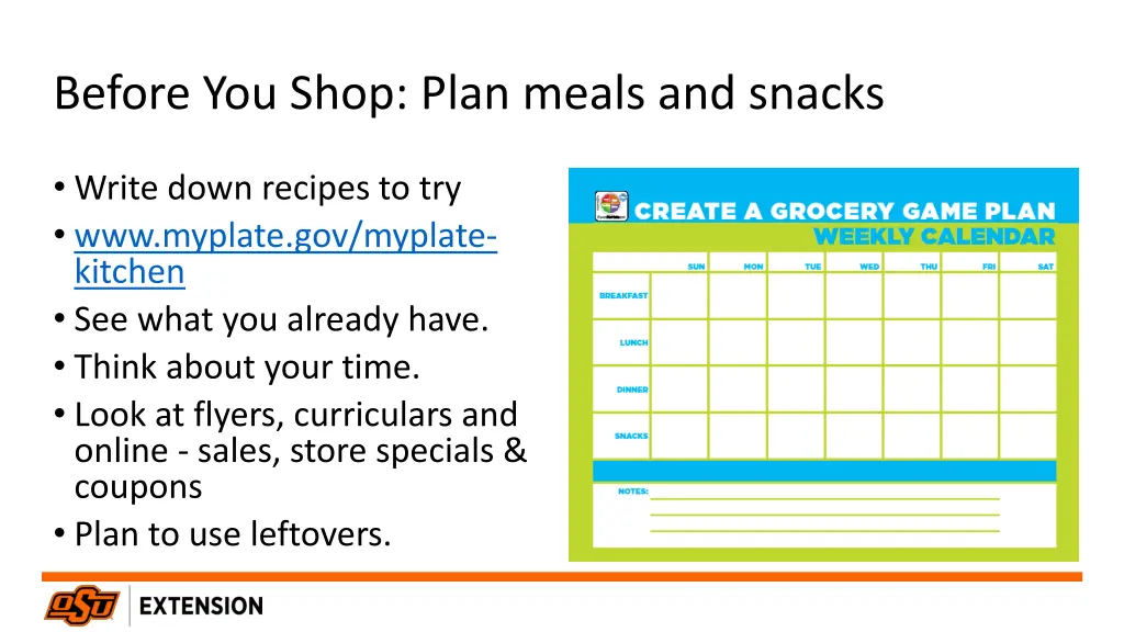 before you shop plan meals and snacks