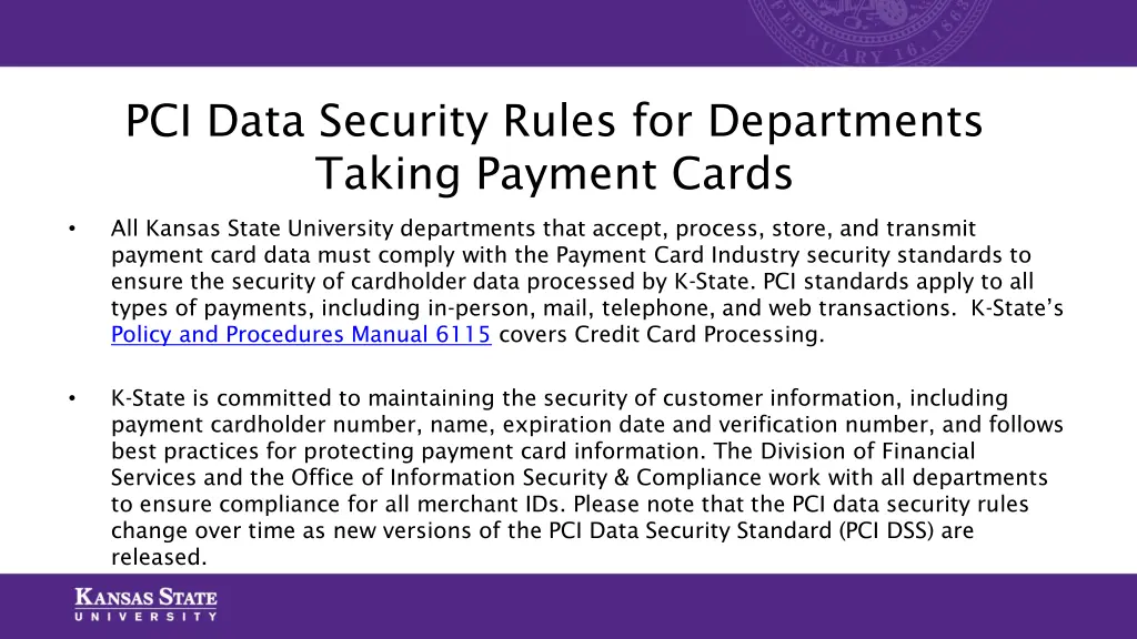 pci data security rules for departments taking