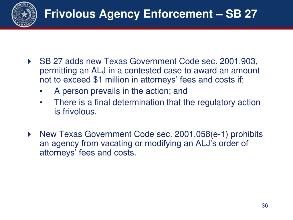 frivolous agency enforcement sb 27