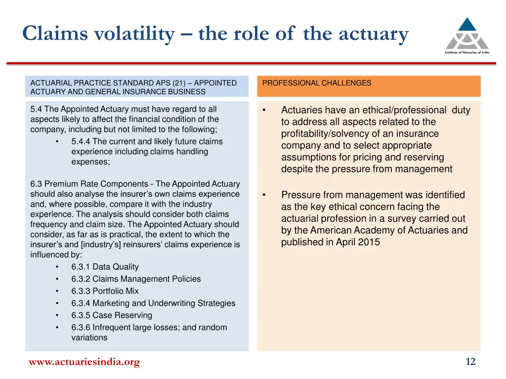 claims volatility the role of the actuary