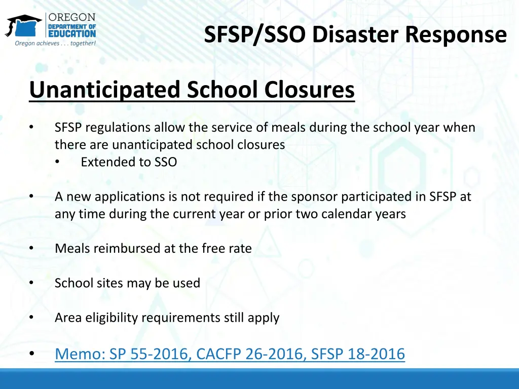 sfsp sso disaster response