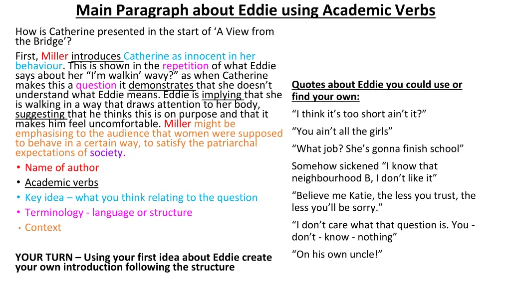 main paragraph about eddie using academic verbs