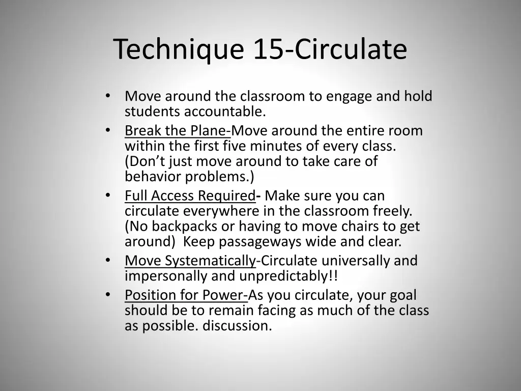 technique 15 circulate