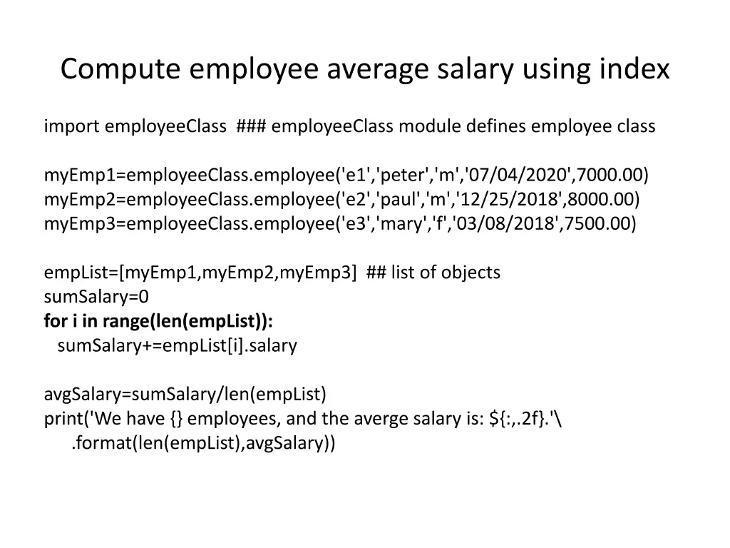 compute employee average salary using index