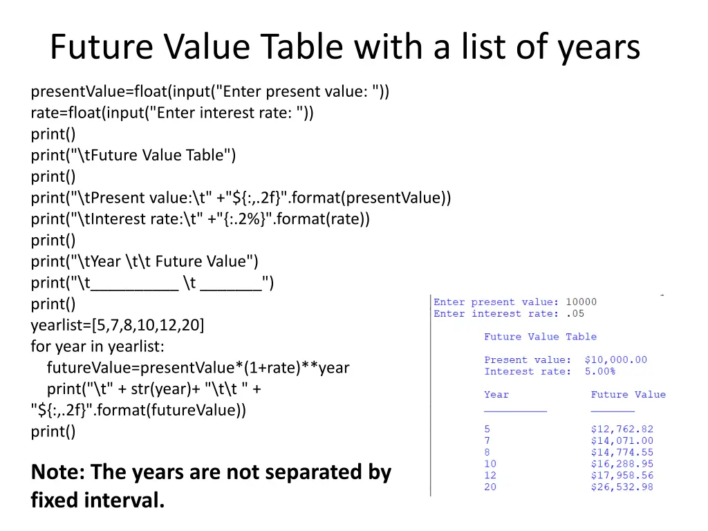 future value table with a list of years