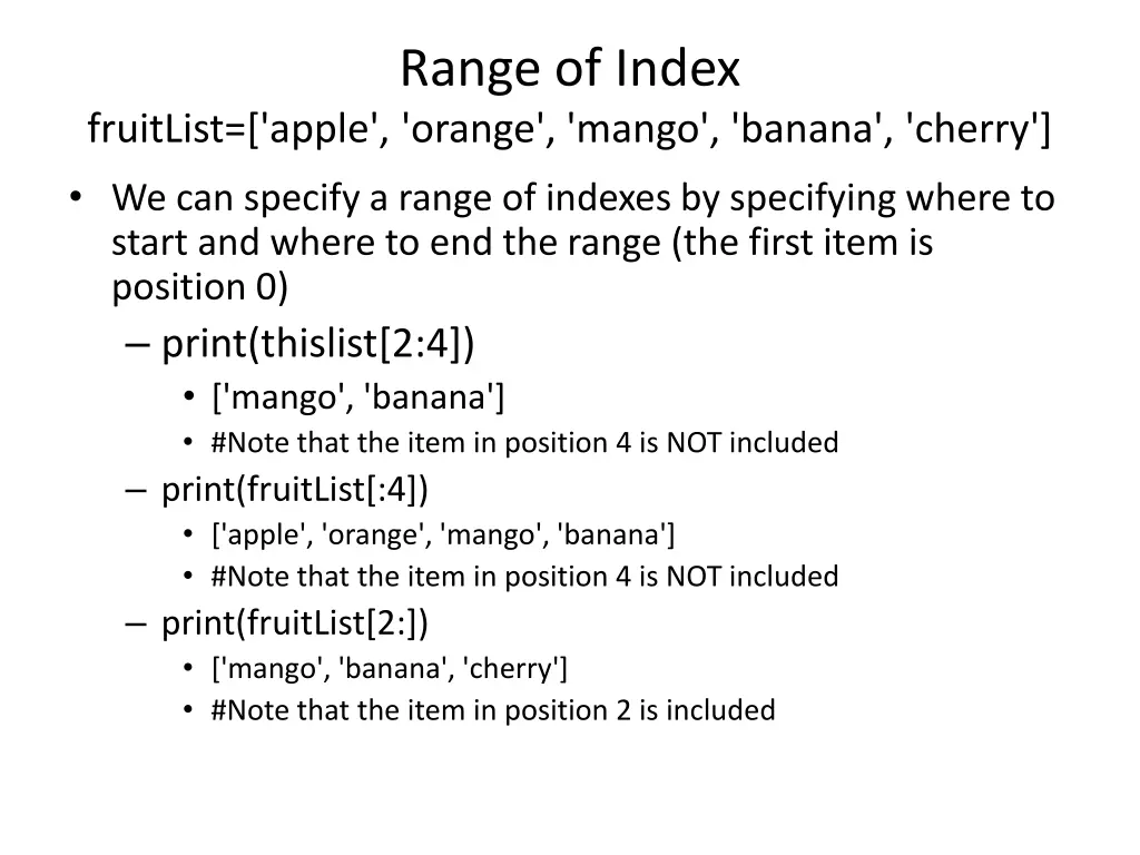 range of index