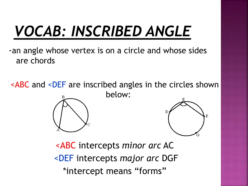 vocab inscribed angle