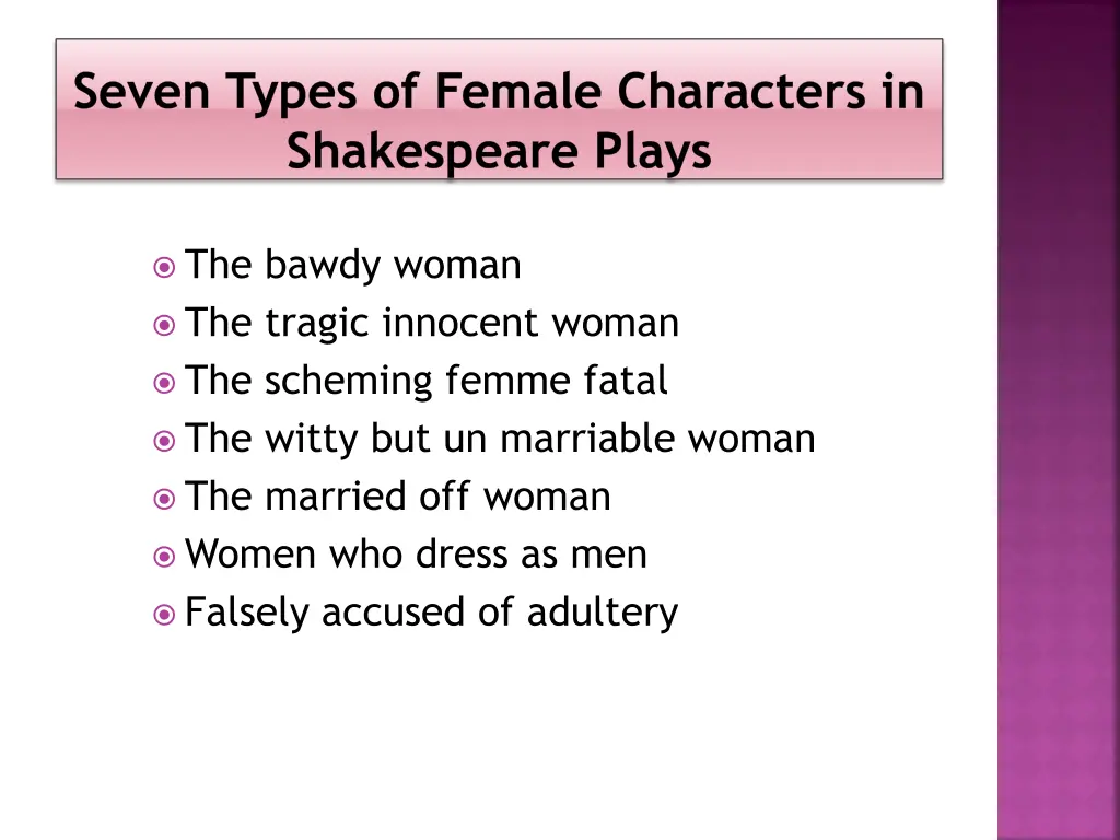 seven types of female characters in shakespeare