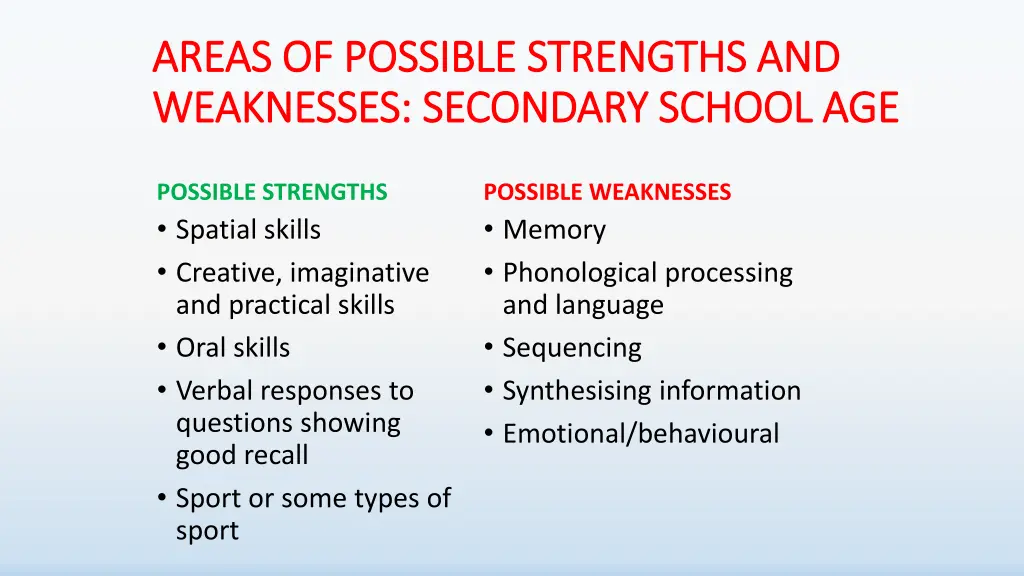 areas of possible strengths and areas of possible 1