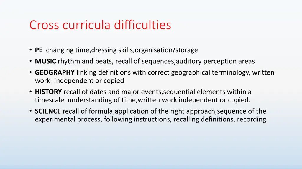 cross curricula difficulties