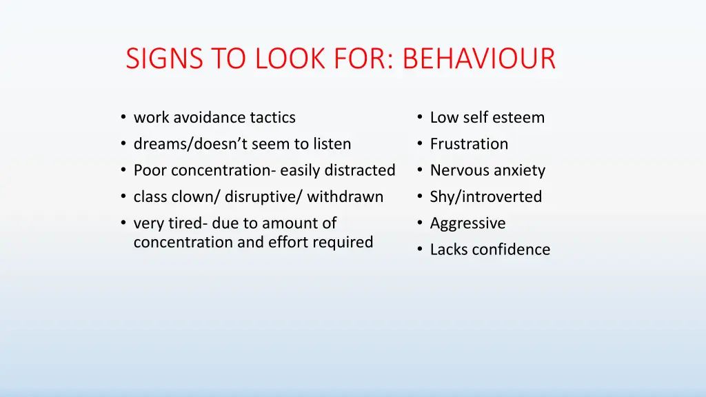 signs to look for behaviour