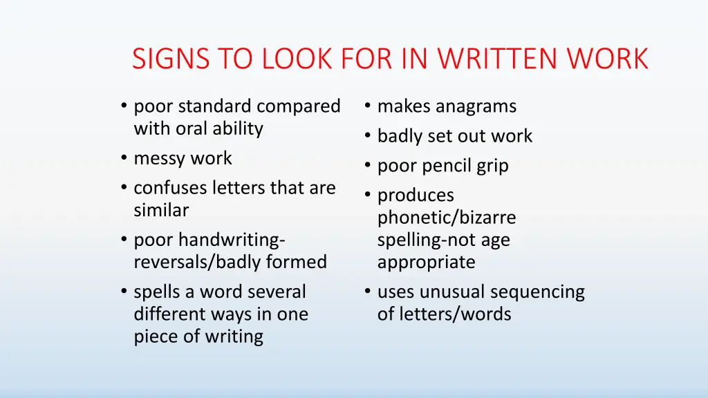 signs to look for in written work