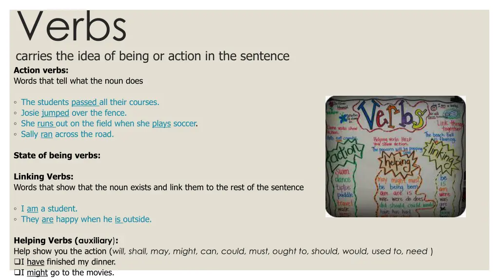 verbs carries the idea of being or action