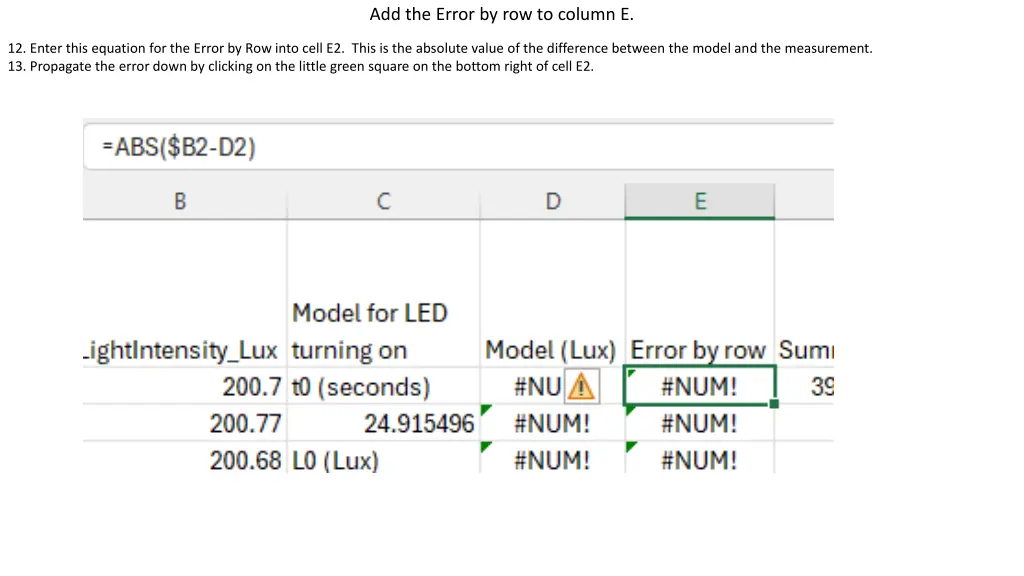 add the error by row to column e