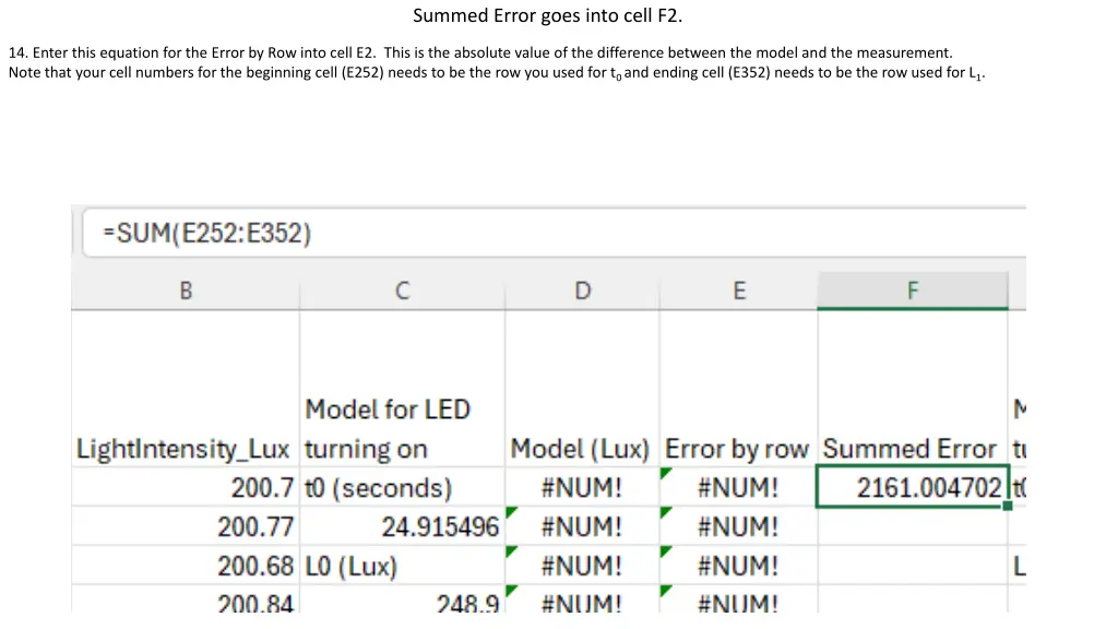 summed error goes into cell f2