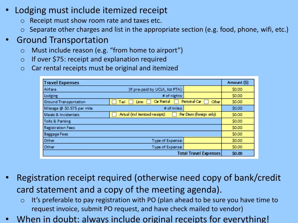 lodging must include itemized receipt o receipt