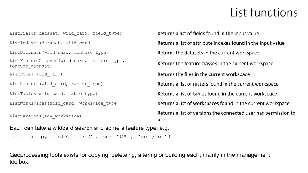 list functions