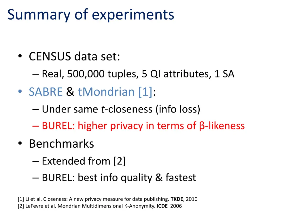 summary of experiments