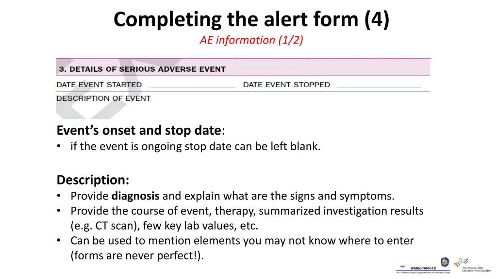 completing the alert form 4 ae information 1 2