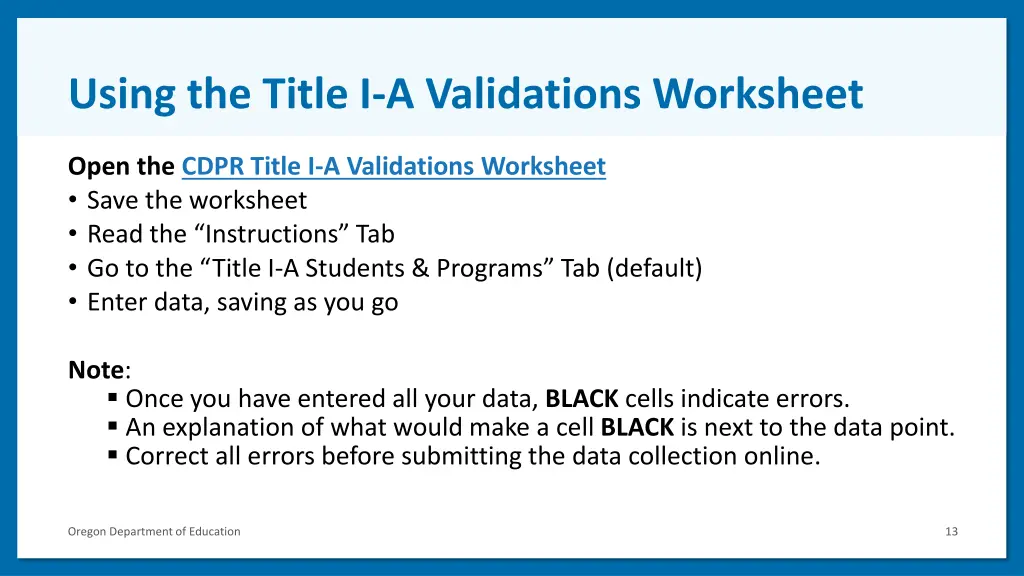 using the title i a validations worksheet