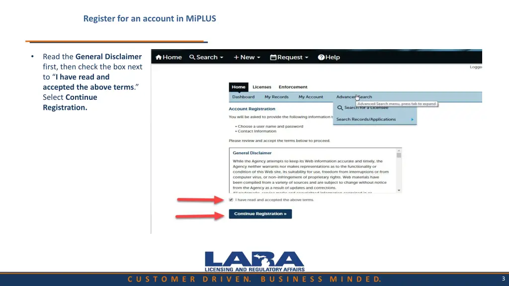 register for an account in miplus