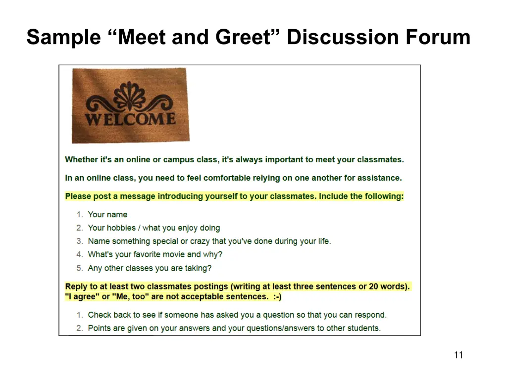 sample meet and greet discussion forum