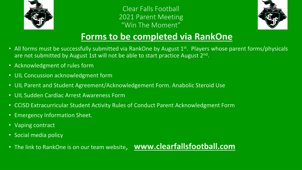 clear falls football 2021 parent meeting 2