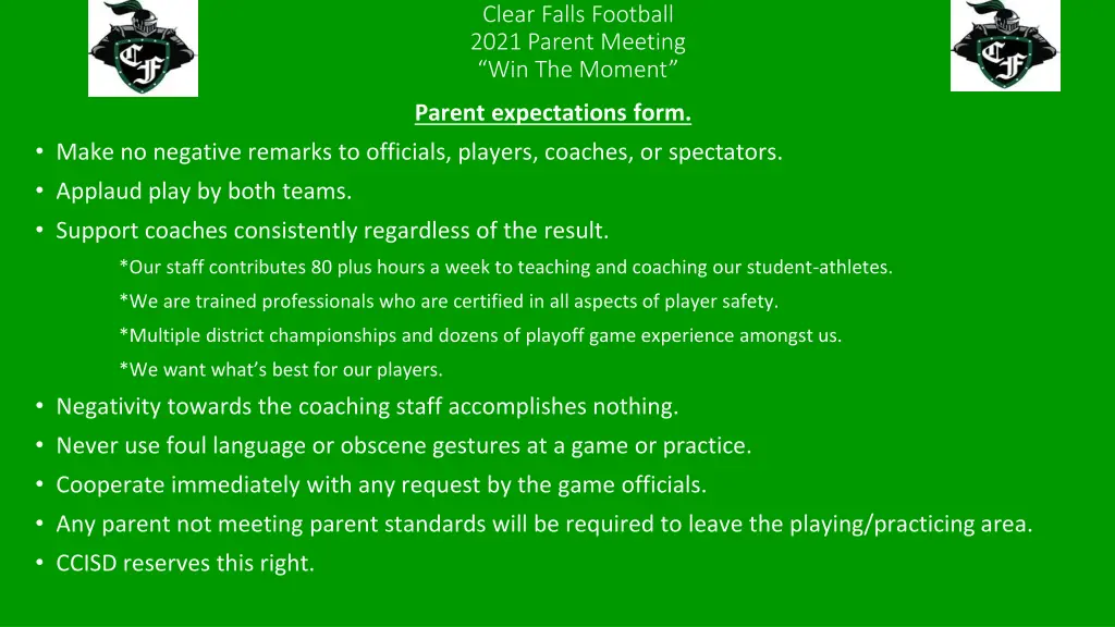 clear falls football 2021 parent meeting 3