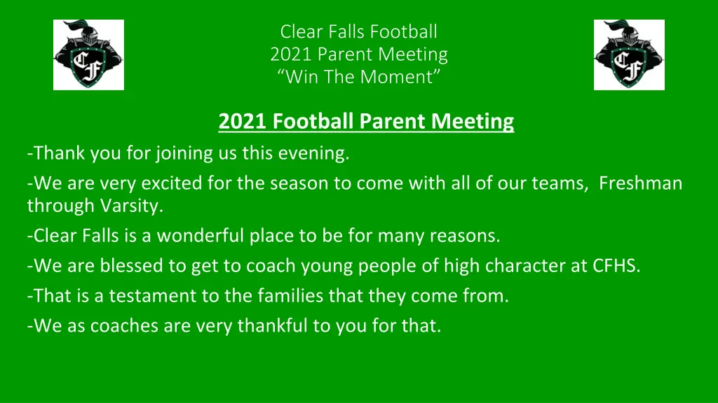 clear falls football 2021 parent meeting