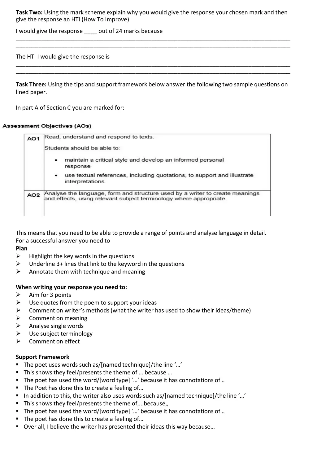 task two using the mark scheme explain