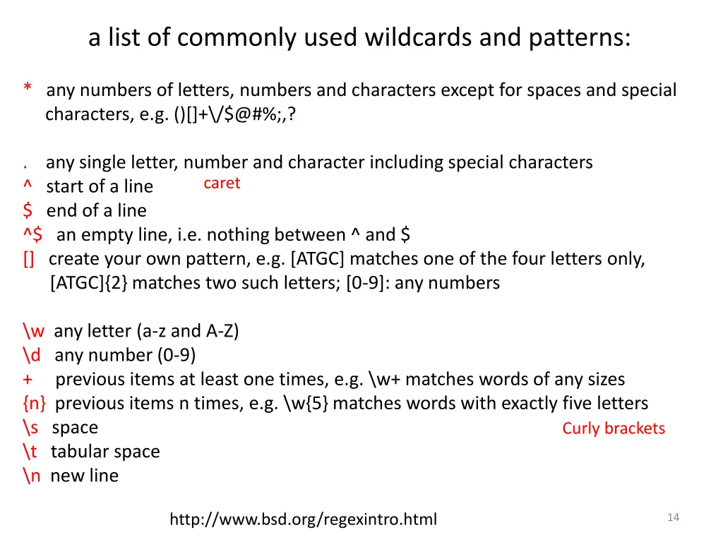 a list of commonly used wildcards and patterns