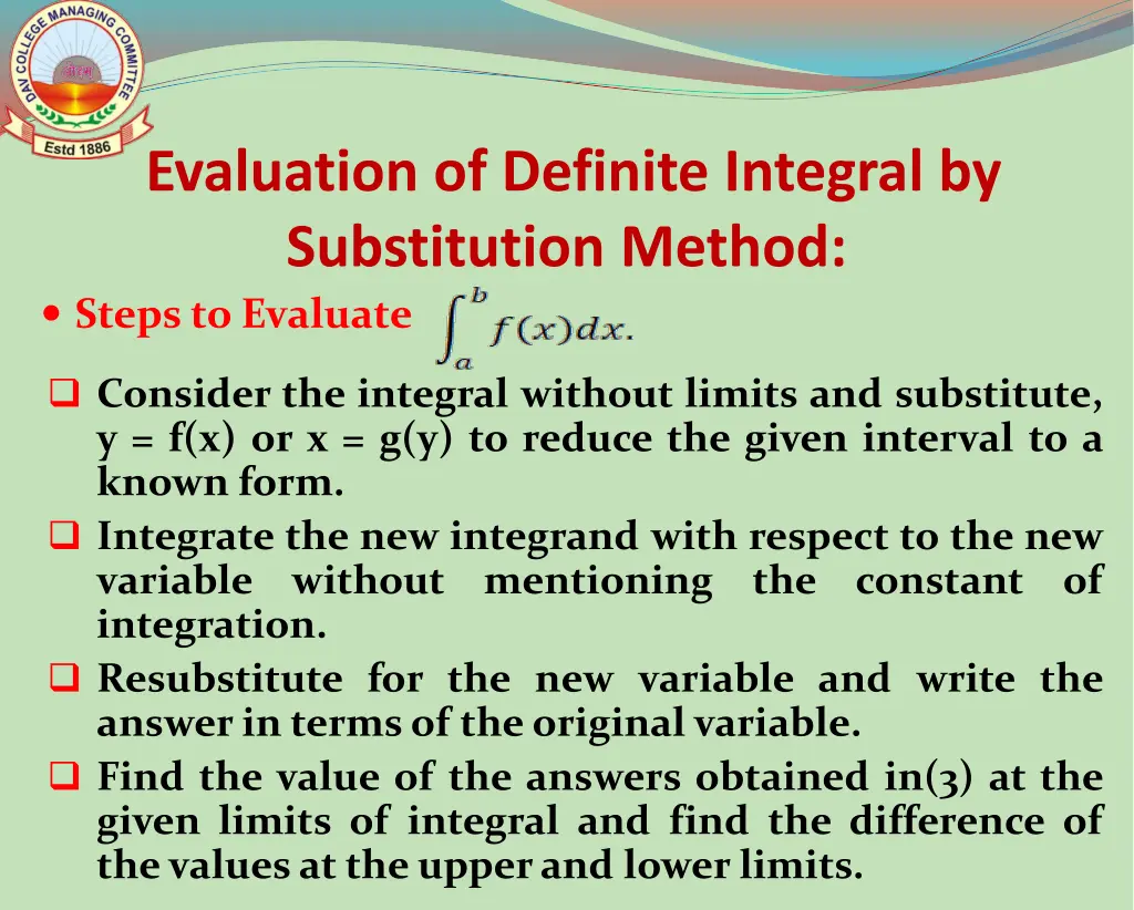 evaluation of definite integral by substitution