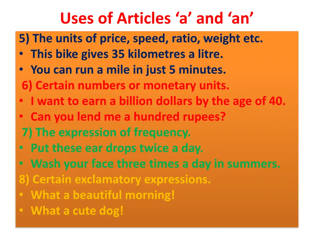 uses of articles a and an 5 the units of price