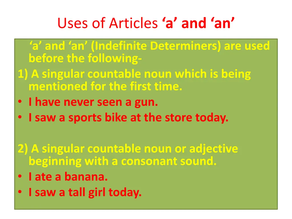 uses of articles a and an