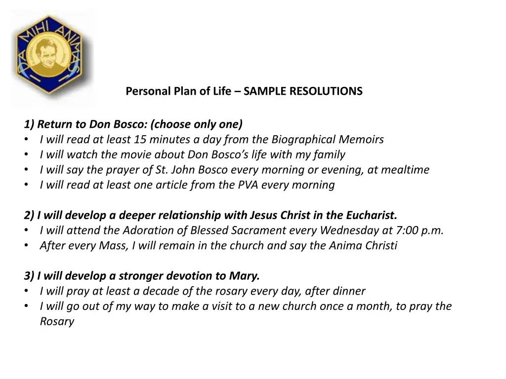 personal plan of life sample resolutions