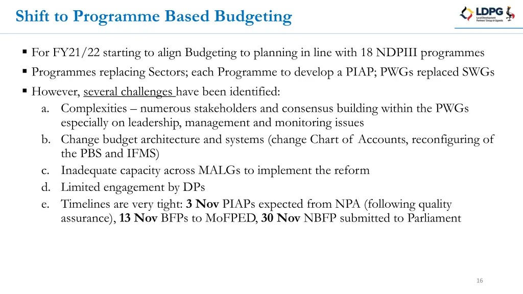 shift to programme based budgeting