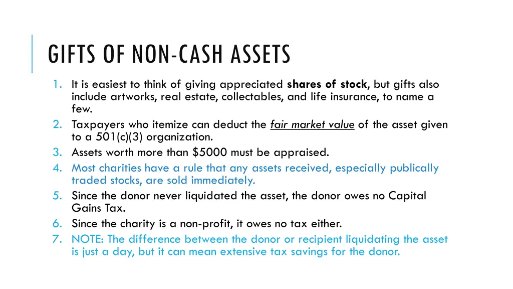 gifts of non cash assets