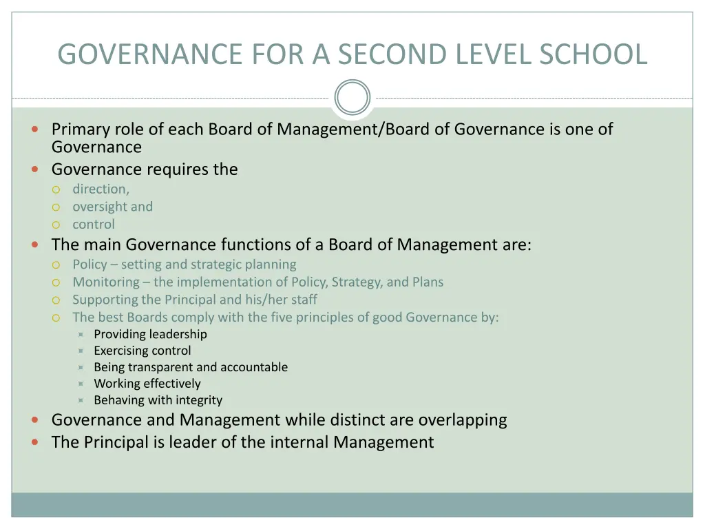 governance for a second level school