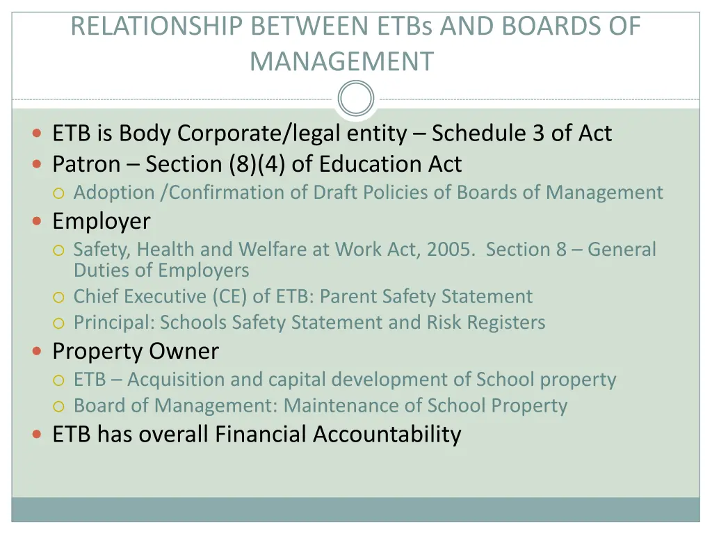 relationship between etbs and boards of management