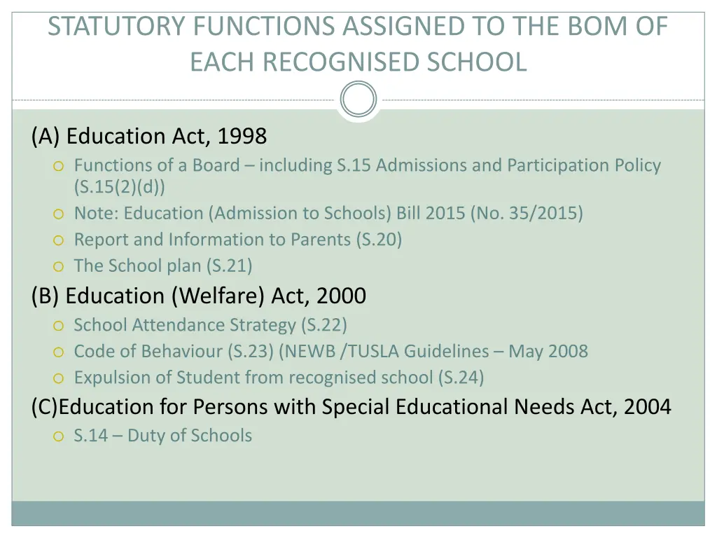 statutory functions assigned to the bom of each