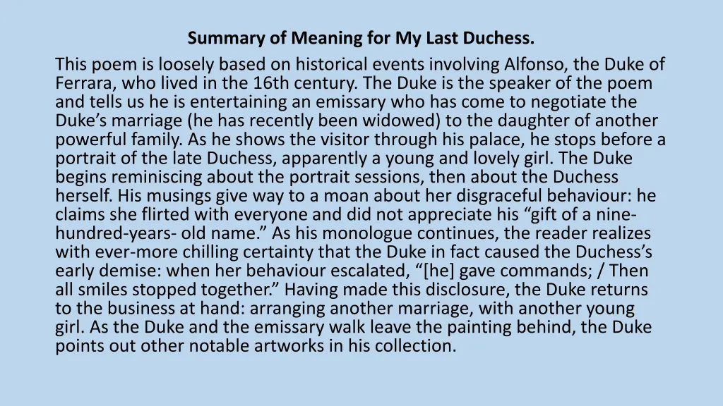 summary of meaning for my last duchess this poem