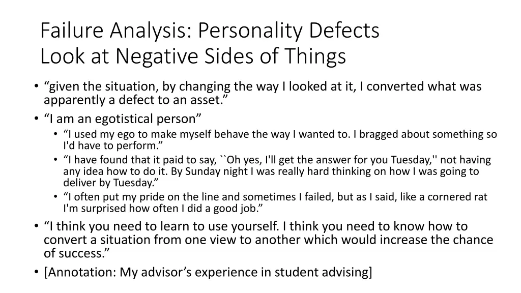 failure analysis personality defects look