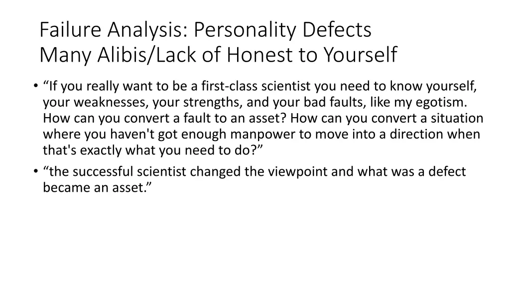 failure analysis personality defects many alibis 1