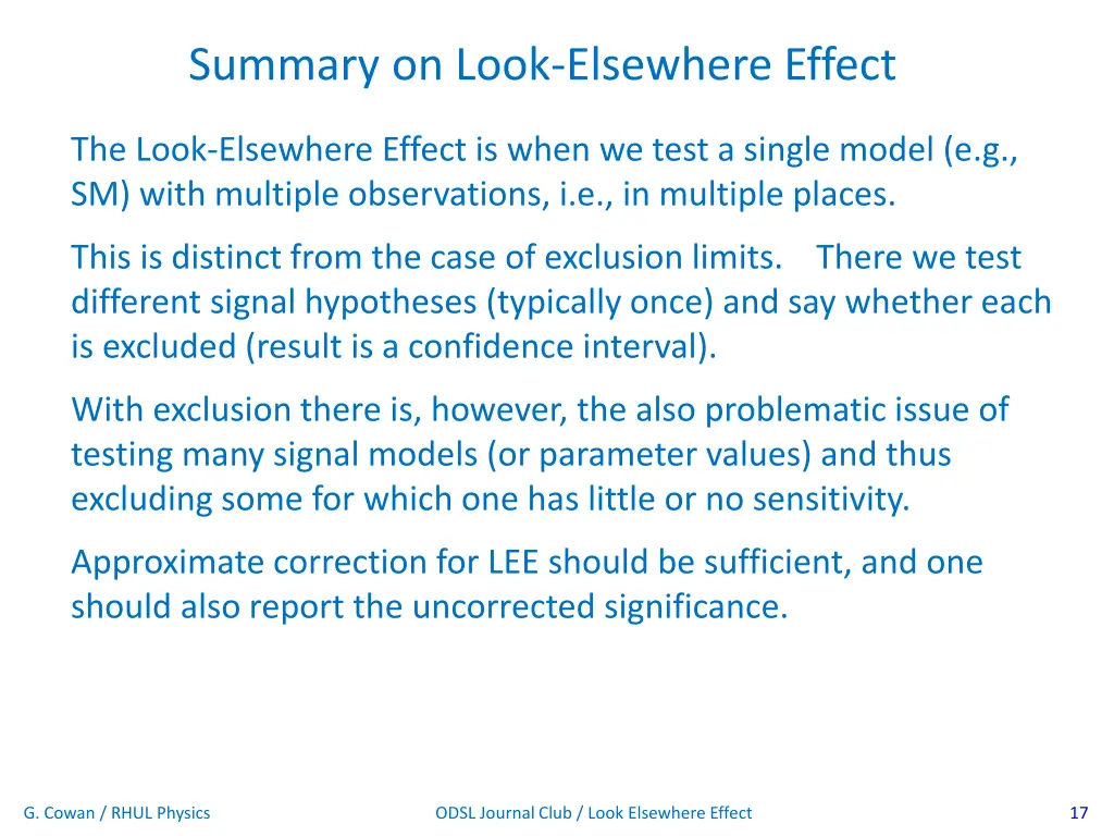 summary on look elsewhere effect