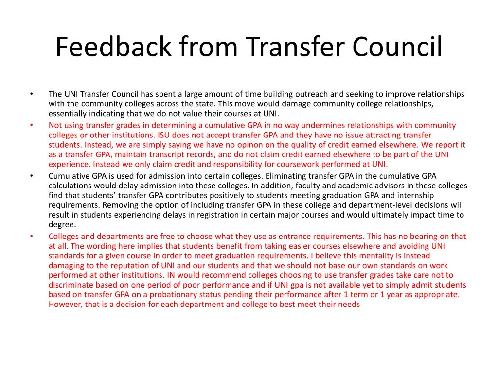 feedback from transfer council 1