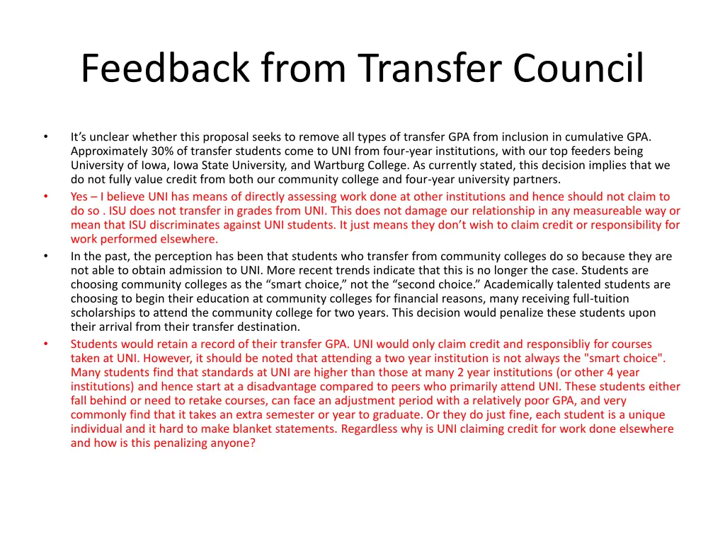 feedback from transfer council 2